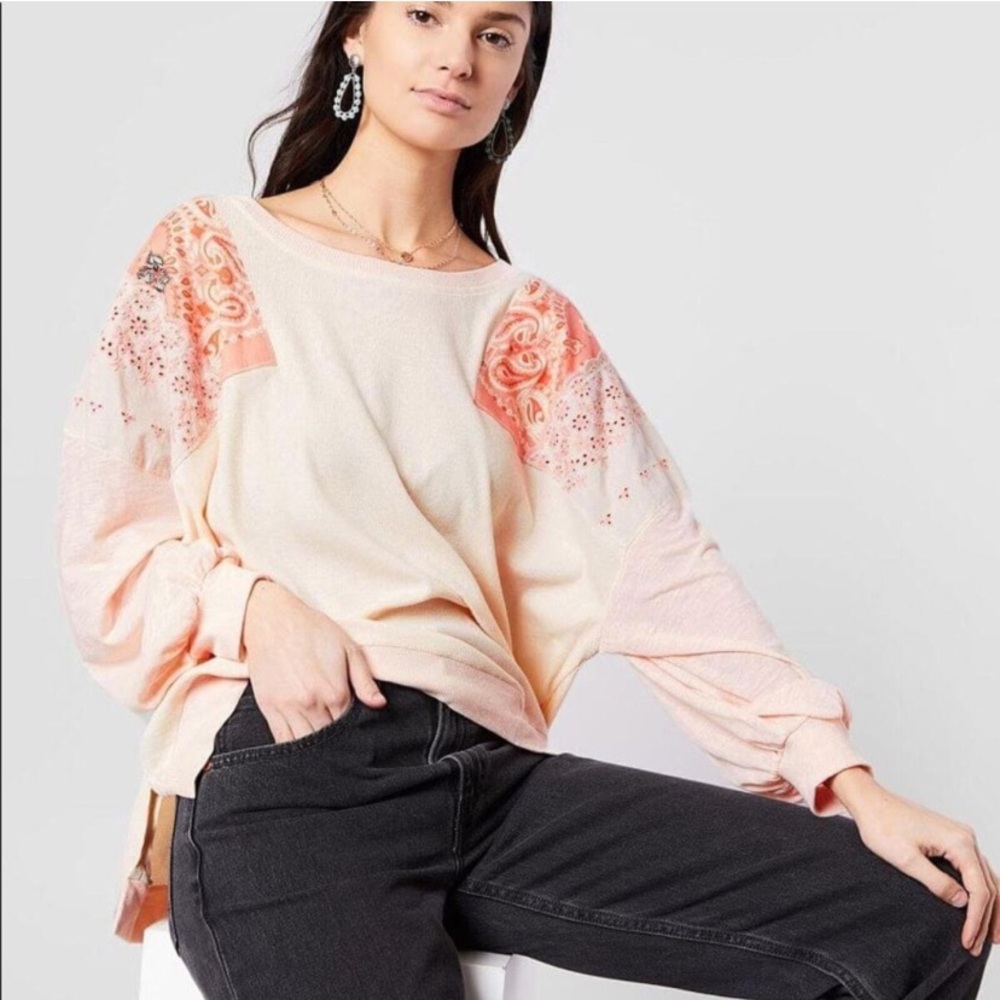 Free People Feelin It Peach Bandanna Patch Loose Fit Top S